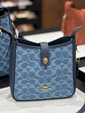 Coach Blue Denim Signature Crossbody Saddle Bag with Gold Hardware